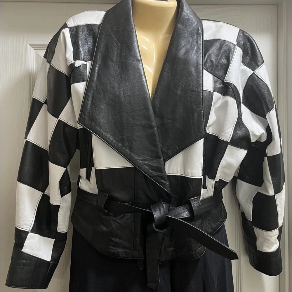 Vintage 1980s Philip Noel Black and White Leather Belted Jacket Size Medium